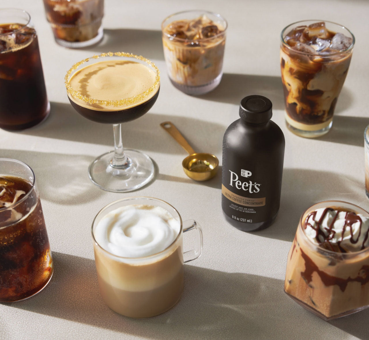 Ultra Coffee Concentrate and mixed coffee drinks on the countertop